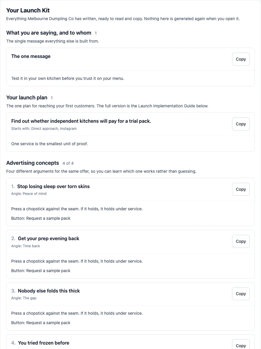 The DICOS Launch Kit interface showing the core message, the launch plan, and four advertising concepts each with its own Copy button, counted as 4 of 4.