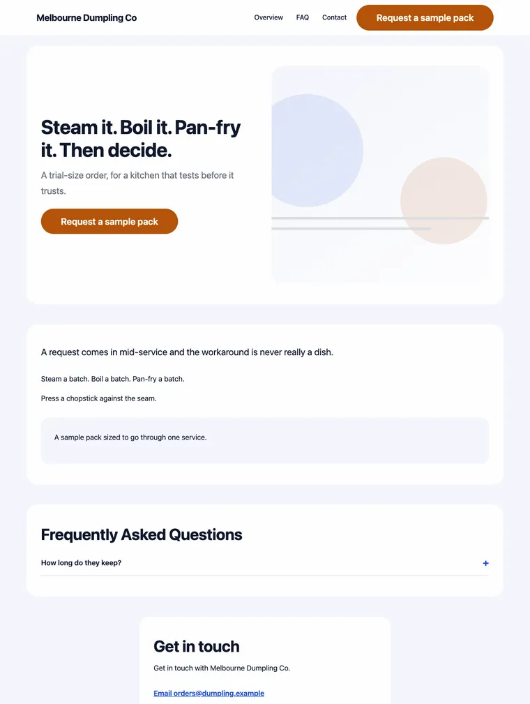 A website generated in the community-transformation layout: content grouped into rounded cards on soft tinted panels, with a rounded call-to-action button.