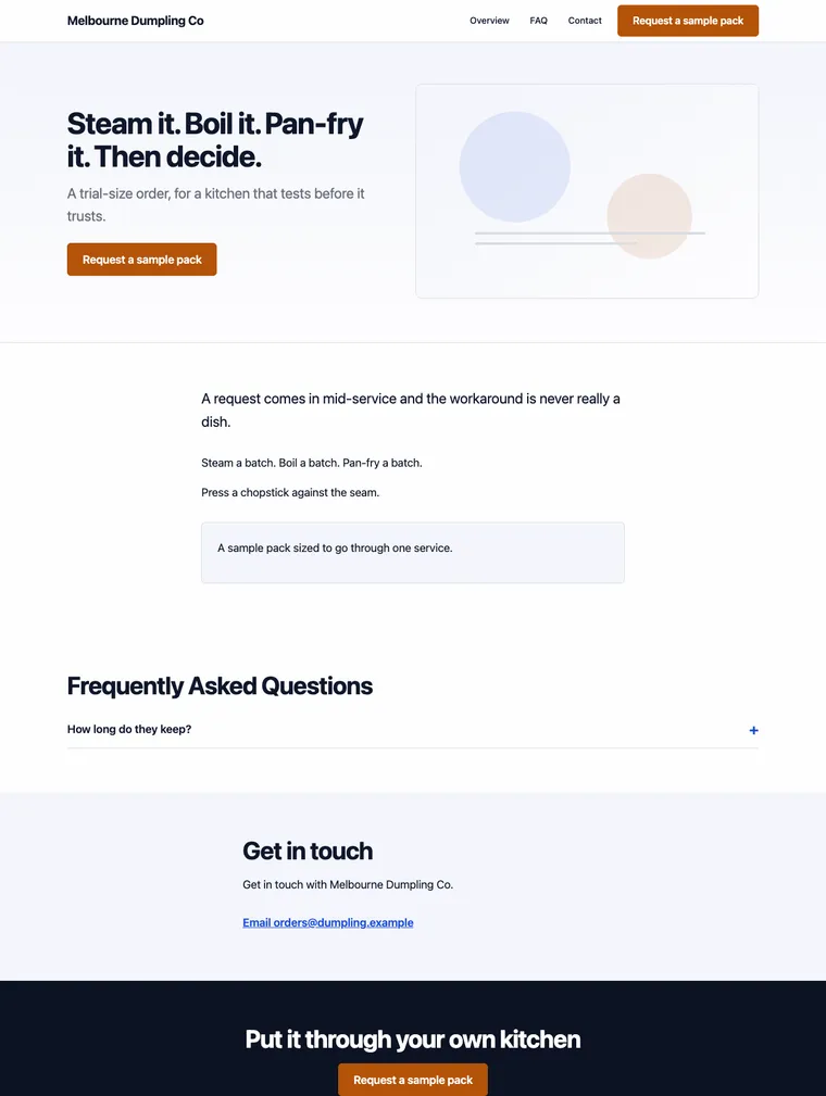 A website generated in the tech-forward-minimal layout: a compact left-aligned sans-serif headline with a small abstract illustration beside it, then narrow blocks of text.